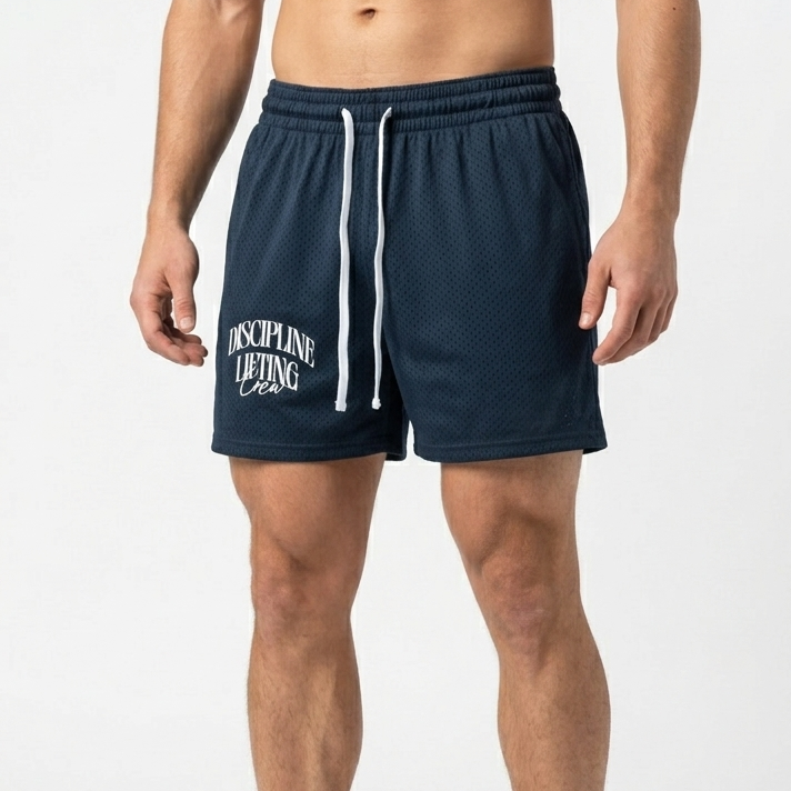 Navy blue shorts with white drawstring and branding on a white background