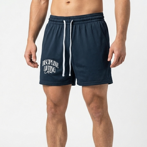 Navy blue shorts with white drawstring and branding on a white background