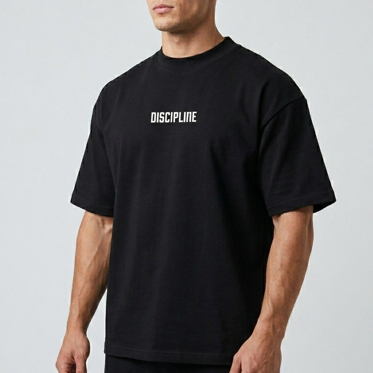 Man wearing a black t-shirt with 'DISCIPLINE' text on a gray background