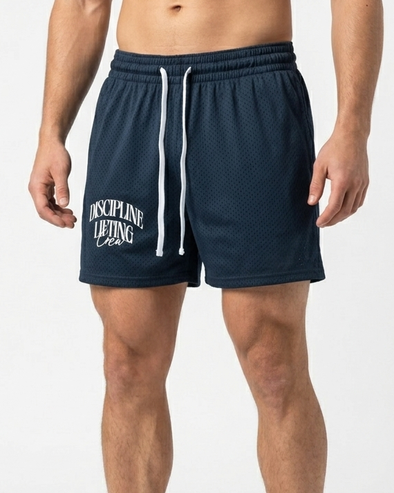 Navy blue shorts with white drawstring and branding on a white background